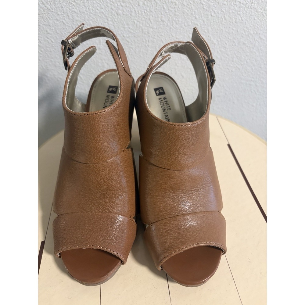 White Mountain~ District~8M~ Brown Leather Peep Toe Slingback Block High Heels - Picture 6 of 14